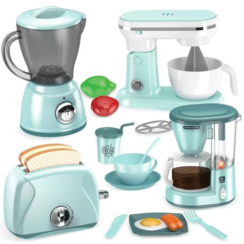 Shemira Play Kitchen Accessories, Play Kitchen Appliances Toy Set with Coffee Maker, Blender, Mixer, Toaster, Kids Kitchen Playset, Toys for 3 4 5 6 7 8 Year Old Girls, Birthday Gifts for Girls