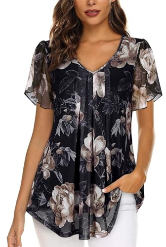 Womens Blouses V Neck Ladies Tops Petal Short Sleeve Chiffon Top | Double Layers Mesh Tunic Tops Casual Shirts