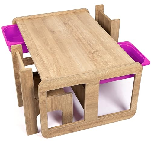 Industrial living Tavolo per bambini con 2 ripiani lilla - Tavolo da gioco con 2 sedie per bambini - Scrivania per bambini - Tavolo da gioco - Tavolo da gioco - Legno - Noce