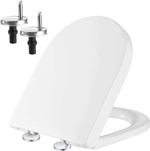 Soft Close Toilet Seat with Quick Release for Easy Cleaning, Simple Top Fixing, Standard D Shape Toilet Seat White with Adjustable Hinges