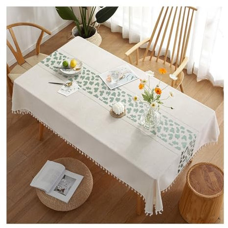 Tischdecken Outdoor Eckig, Tischtuch 90x140CM Stickerei mit Cyan Muster Nordisch Tafeldecken Tischdecke Abwaschbar für Draußen Wetterfest Beige