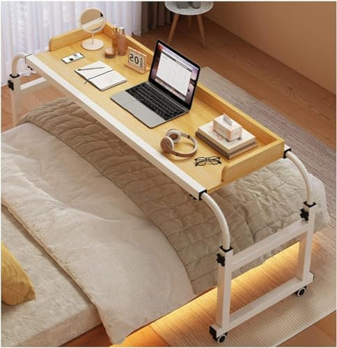 FDSGEEE Über-Betttisch auf Rollen Höhenverstellbar/Breitenverstellbar, Overbed Table Mobiler Schreibtisch Pflegetisch Laptoptisch Bettbeistelltisch für Tägliche Entspannungsarbei(Color:Holz)