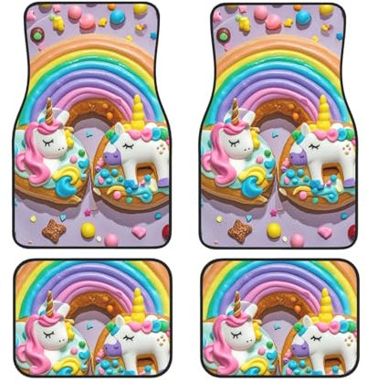 Auto Fußmatten Set von 4 Stück Universal Auto Innen Fußmatte Einhörner Donut Regenbogen Automatte Rutschfeste Auto Fußpolster Hintere Teppiche für Auto Innenraum Decortaive Auto Boden Teppich für