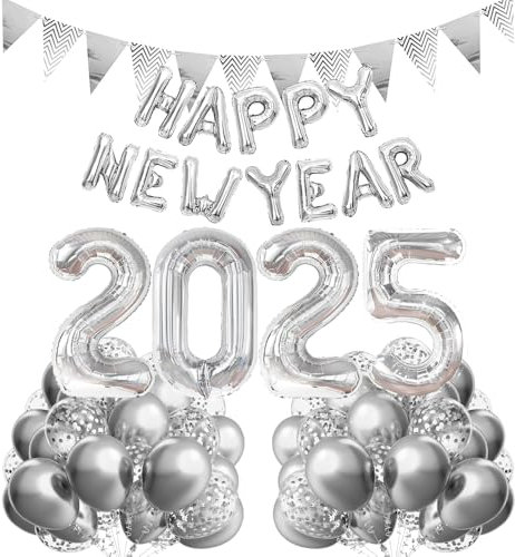 Happy New Year Deko 2026, Silvester Dekoration 2026, Deko Silvester Party 2026, Happy New Year 2026 Folienballon Banner, Silber Konfetti Luftballons für Silvesterpartydeko Neujahrsdeko Accessoire
