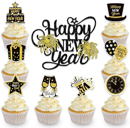 DazzJoy 9 Stk Happy New Year Tortendeko - Silvester Kuchen Deko, Neujahr Decoration, Kuchendeko, Cake Topper