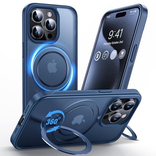 Anqrp 360° ALL-in-ONE Stand Case for iPhone 15 Pro Case with Rotatable Magnetic KickStand Ring Holder, Compatible with MagSafe, Shockproof Translucent Matte Phone Cover for iPhone 15 Pro, Blue