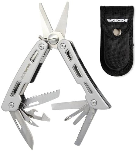 Workzone Multifunktionswerkzeug 11-in-1 Faltbar Multitool Werkzeug Edelstahl Multifunktionsschere mit Messer Säge Flaschenöffner Schraubendreher für Outdoor mit Tasche