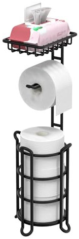 TreeLen Black Free-Standing Toilet Paper Holder – Tissue Roll Dispenser with Shelf – Holds Spare Mega Rolls – Matte Black Finish