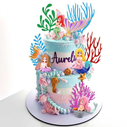 LaVenty Little Mermaid Cake Toppers - Under the Sea Cake Decorations with Seashells and Mermaid Tails