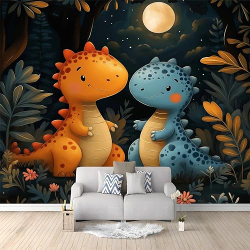 Vlies Fototapete 3D Effekt 350 x 256 cm Wandbild Schlafzimmer Wohnzimmer Wand Dekoration Süß Dinosaurierpaar Motivtapeten Poster tapete Dunkel Fototapete für Kinderzimmer Büro