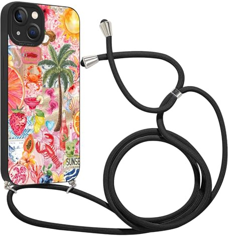 Kueqeay Handyband für iPhone 13 Hülle mit Band 6,1'', Aesthetic Schwarz Farbe Muster Verstellbarer Halskette Handyhülle mit Kordel zum umhängen Silikon Stoßfest Schutzhülle mit Kette, 09