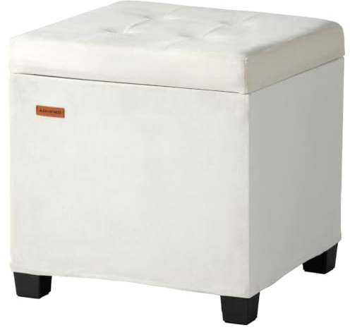 ABHENG Bezug aus Velvet, Stahlgestell Sitzhocker Hocker mit 48 Liter Stauraum, Sitzwürfel 45 x 45 x 45 cm, Fußhocker Mit 4 Holzbeinen bis 330 kg belastbar Weiß ASND64W