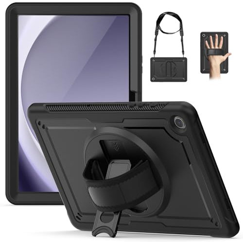 ZenRich Étui pour Samsung Galaxy Tab A9 Plus 11 2023, protection robuste avec protecteur d'écran, béquille rotative à 360°, dragonne, porte-crayon pour tablette Samsung A9+, noir