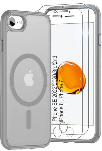 Pilaru Magnetic Case for iPhone 7/8 & SE 2022/2020(3rd/2nd)[Compatible with MagSafe] 2 Screen Protector | Anti- Fingerprint, Shockproof, Skin-friendly Slim Fit Translucent for iPhone SE-Grey