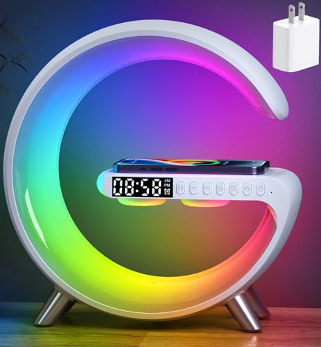 Intelligente LED-Tischlampe, 5 in 1 Nachtlicht Schnelle kabellose Ladestation, 256 Lichtmodi Dimmbare Nachttischlampe, Bluetooth-Lautsprecher und App-Steuerung für Schlafzimmer, Heimdekoration