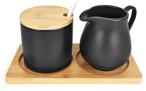 Tutamaz Zuckerdose und Milchkännchen set, Milch und Zucker Set mit Deckel und Löffel Keramik Sahnekännchen Milchbehälter für Küche und Kaffeebar Mikrowellen- und Spülmaschinenfest, Schwarz