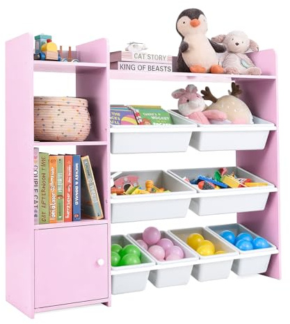 COSTWAY Kids Toy Storage Unit, Children's Toys Box Organiser with 8 Bins, Cabinet and Open Shelves, Large Toddler Bookshelf Rack for Playroom, Kindergarten, Nursery (Pink)