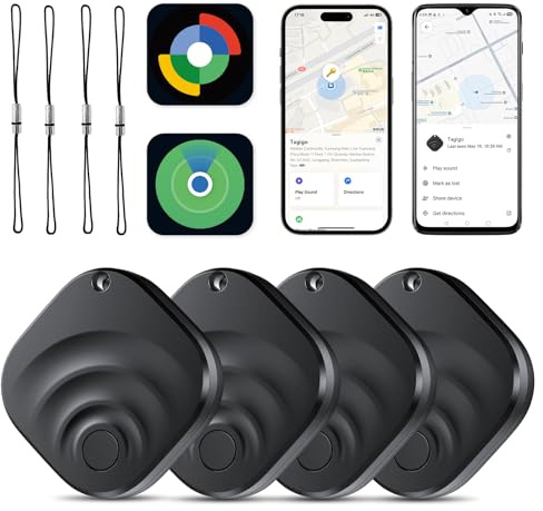 Smart Tag, Traceur Bluetooth Compatible avec Apple „Find My“ et Android „Find Hub“, Cherche-clés Bluetooth étanche IP67, étiquette Anti-Perte pour clés/Bagages/valises/Sacs, Lot de 4