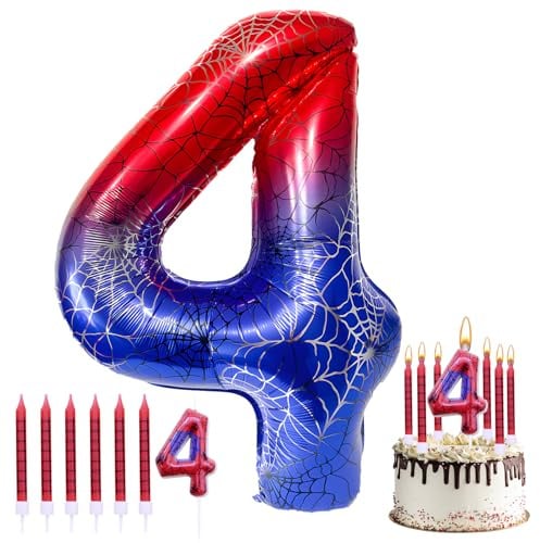 Spidey Geburtstagsdeko 4 Jahre Set Folienballon Deko für Kindergeburtstag | Luftballon Set mit 40 Zoll Zahlen-Luftballon, Zahlen 4 Kerze & 12 Rote Gitter-Kerzen, Komplettset für Spidey Thema Party