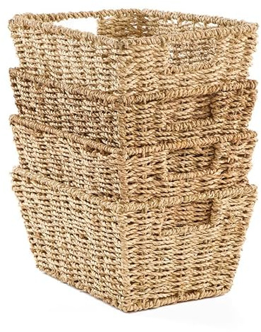 Gatarn Seagrass Storage Baskets | Set of 4 Handwoven Natural Baskets with Handles | Nesting Shelf Organisers for Bathroom, Bedroom, Kitchen & Home Office