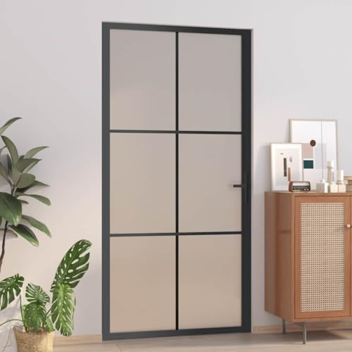 Innentür 102,5x201,5 cm Schwarz Mattglas und Aluminium mit 5 mm Hartglas, Aluminiumrahmen, vertikaler Linie, inkl. Montagezubehör für Zimmertüren mit Zarge komplett