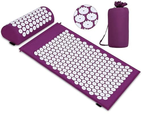 Acupressure Set, Acupressure Mat with Pillow for Soothing Relaxation and Massage, Relief from Back Pain, Headaches, Neck Pain, Stress at Home, in the Office, or While Traveling (Lila)