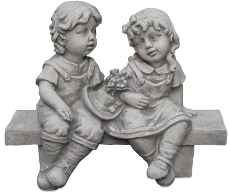gartendekoparadies.de Kinder Figuren auf der Bank, Steinfigur H. 32 cm, 11 kg, Grau, frostsicher aus Steinguss für Außenbereich