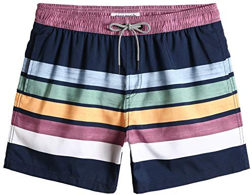 MaaMgic Herren Badehose Jungen Badeshorts Sporthose Schnelltrockend Sport Schwimmhose mit Mesh in vielen Farben, Größen XS - 2XL, Navy Blau Streifen M