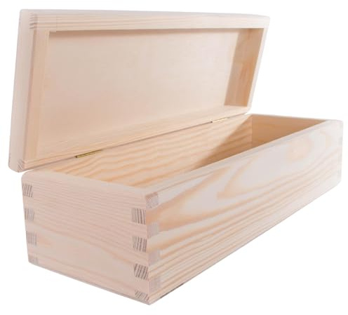 WooDeeDoo Oblong Rectangular Wooden Storage Box with Hinged Lid – 29 x 11 x 8 cm – Unpainted Pine Craft Box for Gifts Keepsakes Jewellery Trinkets DIY Painting Woodburning Decoupage