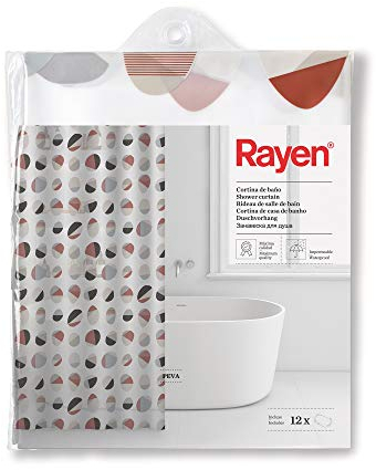 Rayen | Cortinas de baño | Cortina para Ducha o Bañera | Impermeable | PVA | Translúcido | Argollas PVC | Incluye 12 Ganchos | 180 x 200 cm | Blanco con Cículos de Colores
