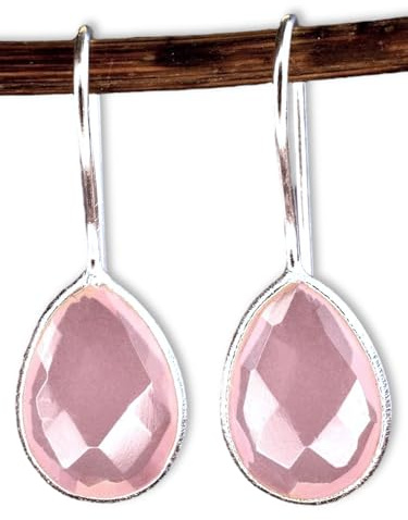 MadamLili - Ohrringe Rosenquarz Edelstein - 925 Sterling Silber - Handgefertigt - Hängende Rosa Echtsilber Ohrhänger - Exklusive Schmuckbox