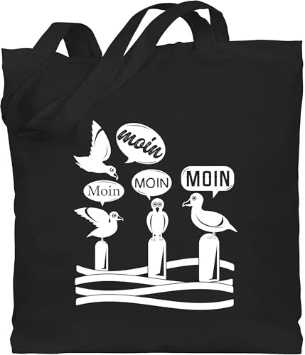 Shirtracer Baumwolltasche - Sprüche Statement - Moin - Möwen - weiß - Unisize - Schwarz - jutebeutel norddeutsch mit aufschrift möwe stoffbeutel statements moein beuteltasche sprüchen hamburg jute