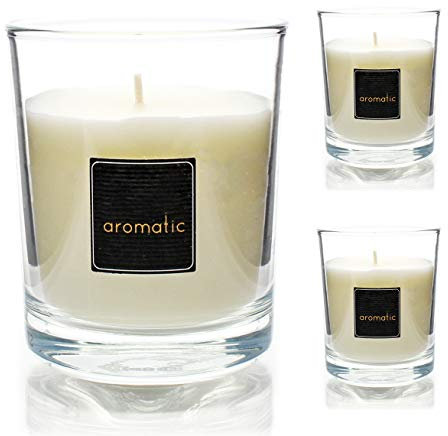 Besch Velas Aromaticas de Dulce Coco Juego de 3 piezas en Vaso de Vidrio 80x80mm, 125gr - Vela Devorativa con Perfume. (Dulce Coco)