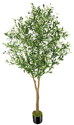 OXLLXO Künstlicher Olivenbaum (183 cm) mit Kunststoff-Kinderzimmer-Topf, Kunst-Oliven-Seide, Obst, künstliche Pflanze für Büro, Haus, Bauernhaus, Wohnzimmer, Heimdekoration (Innen- und Außenbereich)