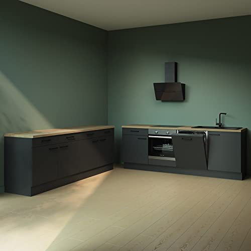 WALLERS Cuisine noire de 2 x 240 cm de long, lave-vaisselle intégré, four encastré, hotte, évier et mitigeur, plaque de cuisson 4 foyers (Plan de travail couleur chêne, Évier à droite)