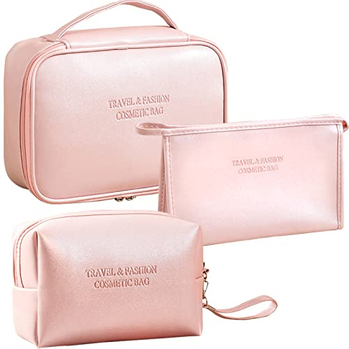 LEcylankEr 3 Pezzi Beauty Case Donna da Viaggio Pochette Donna Trucchi Portatile Borsa Trucchi Borsa da Toilette in PU Set Borsa Trucco per Il Trucco Impermeabile e Resistente (Rosa)