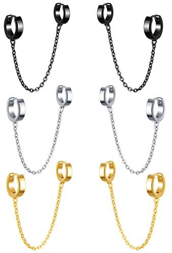 feilok Edelstahl Damen Herren Creolen Ohrringe Herren Ohrringe Männer Creolen Ring Ohrstecker Rund mit Kette Doppelohrring