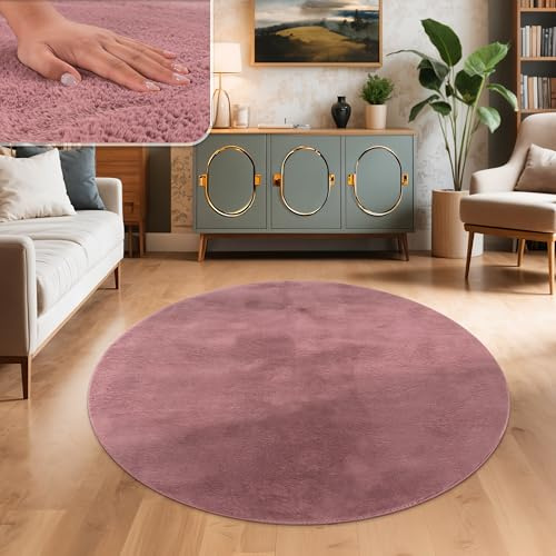 Paco Home Teppich Wohnzimmer Kunstfell weich waschbar modern elegant pflegeleicht Felloptik Uni Seidenglanz flauschig Hochflor, Grösse:160 cm Rund, Farbe:Lila Rosa