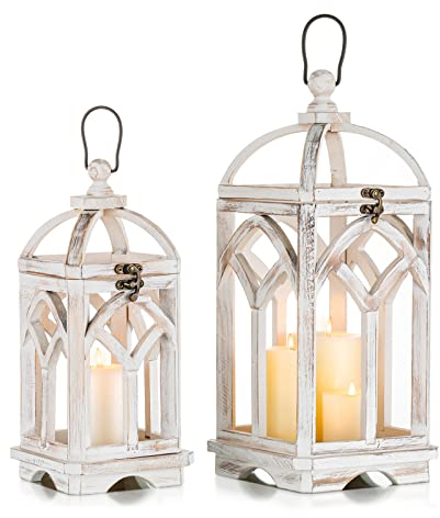 Laterne Holz Groß Landhausstil Deko - Romadedi 30/40cm Rustikale Landhaus Kerzen Laterne Weiß, Windlicht Laterne Vintage für Weihnachten Balkon Garten Hochzeit Tischdeko Innen, Set of 2