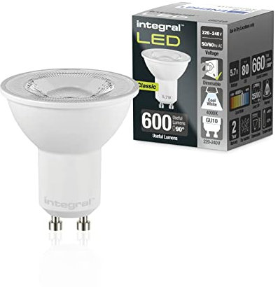 Integral Bombilla LED 5 PACK GU10 Blanco Frío 4000K, 600LM, 5,7W (equivalente a 75W) Regulable - Eficiencia energética e ideal para focos y luces empotradas en baños, cocinas, salones y dormitorios