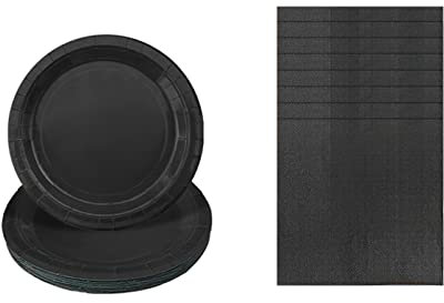 Solid Color Black Tableware Set Decor,20 Paper Napkins 16 Paper Plates in Black,Disposable Paper Tableware Napkins and Plates Birthday Decorations for Him,Her,Men,Women,Adults Party,Kids Party