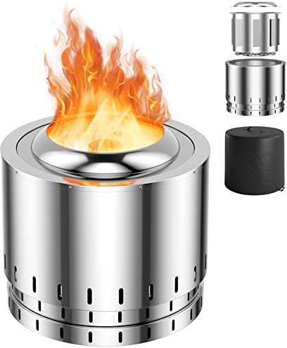 GiantexUK Smokeless Fire Pit, 49 x 43 cm Stainless Steel Round Wood Burning Firepit with Waterproof cover, Portable Outdoor Firepit Bowl for Backyard Patio Beach