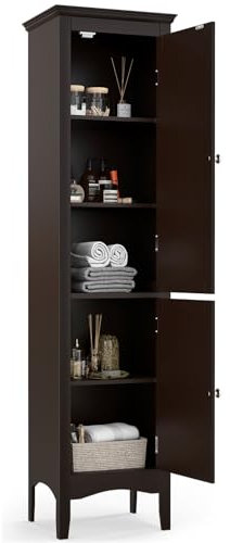 Multigot Bathroom Tall Cabinet, Wooden Slim Floor Cupboard with 2 Doors & Adjustable Shelf, Freestanding Storage Organizer Unit for Living Room Hallway Kitchen (Brown)