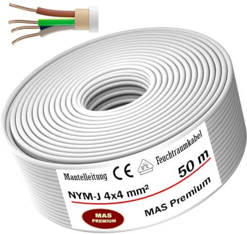 MAS Premium 5-100m Feuchtraumkabel Stromkabel Mantelleitung NYM-J 4x1,5, 2,5, 4, 6, 10 oder 16 Elektrokabel Ring für feste Verlegung (NYM-J 4x4 mm², 50m)
