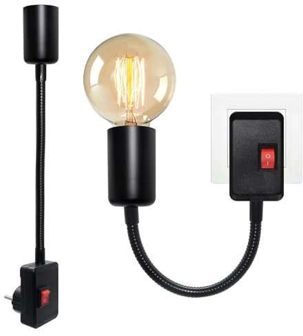 2 Pezzi Portalampada E27 con Interruttore, 20CM Flessibile Collo di Cigno Braccio, Nero Porta Lampada con Spina, Lampada Muro Presa, Faretto Portalampada per Illuminazione Interna, Senza Lampadine