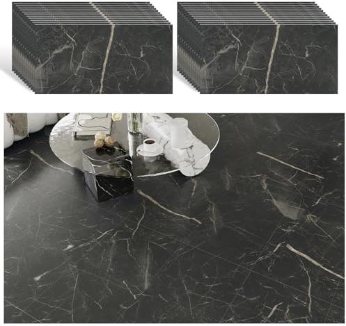 VEELIKE Piastrelle Adesive Cucina Marmo Nera Piastrelle Adesive Pavimento Bagno PVC Adesivo Pavimento Soggiorno Mattonelle Adesive Pavimento PVC Adesivo Effetto Marmo Spesso 1.5mm 60cm x 30cm 24 Pezzi