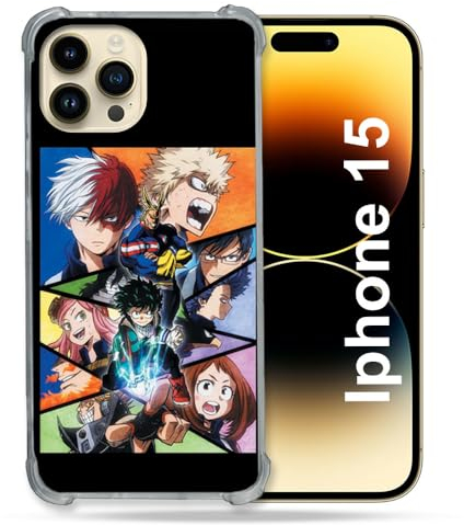 Cokitec Verstärkte Schutzhülle für iPhone 15 (6,1 Zoll), Manga My Hero Academia, Schwarz