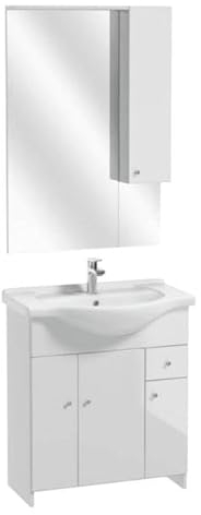 .Deftrans Domodomo Badschrank mit Waschbecken und Spiegel weiß 105 cm, Waschbeckenschrank 80 x 70 x 48 cm, Keramik-Waschbecken-Set, Badmöbel-Set