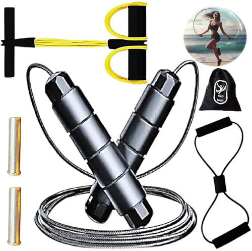 Corde à Sauter Sport Lestée 2x80g – Kit Fitness Maison avec Rameur Élastique 4 Cordes, Bande de resistance en 8, Sac de Transport et eBook Entraînement 160 Pages – Cardio et Renforcement
