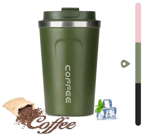 huiyoujiu Coffee Cup, 380ml Reusable Travel Mug, Leakproof Double Wall Coffee Cup, Insulation Stainless Steel Travel Office Cup for Hot Cold Coffee Tea Drinks (Green, 380ml)